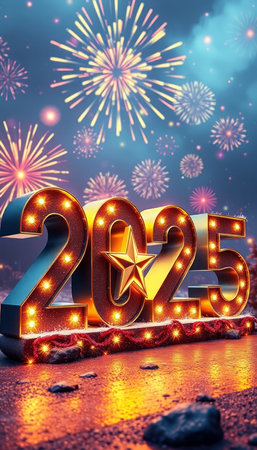 Happy New Year 2015 with glowing lights and fireworks. 3D Rendering