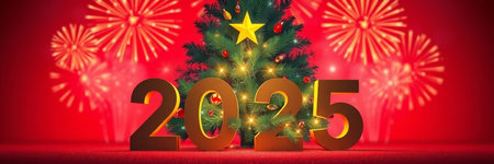 Happy New Year 2015 and Christmas tree on red background. 3D rendering