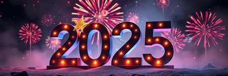 Happy New Year 2015 with fireworks and snow background. Vector illustration.