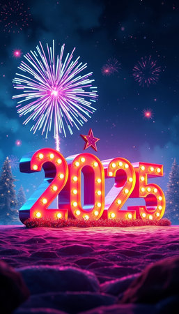 Happy New Year background with Christmas tree and fireworks. 3D rendering
