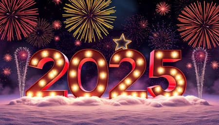 Happy New Year background with fireworks and snow. Vector illustration.