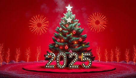 3d illustration of happy new year with christmas tree on red background