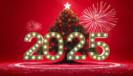 Happy New Year and Christmas tree with light bulbs on red background