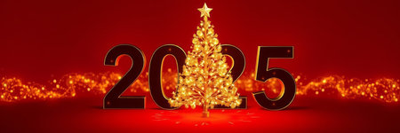 Happy New Year 2015. Golden Christmas tree on red background. 3D illustration