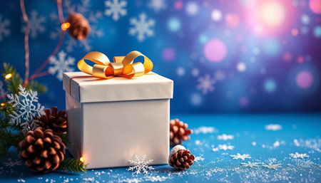 Gift box on blue background with bokeh lights and snowflakes