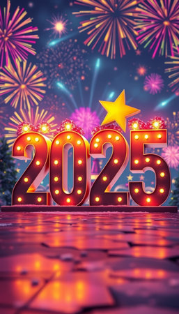 New year background with fireworks and bokeh effect. 3d rendering