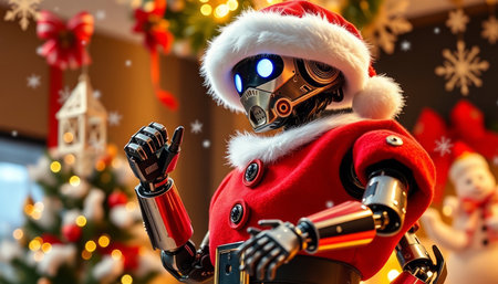 Robot in Santa Claus costume. Christmas and New Year concept.の写真素材