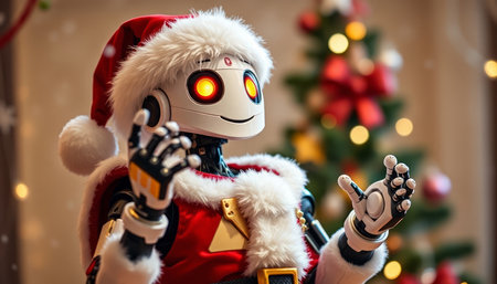 Santa claus robot on the background of a Christmas tree with lightsの写真素材