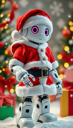 Cute robot with Christmas gift box on background of Christmas tree.の写真素材