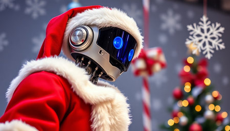 Man wearing santa claus costume and holding virtual reality goggles.の写真素材