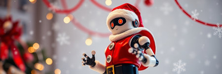 christmas, holidaysration and people concept - close up of happy santa claus toy over lights...