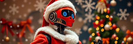 Portrait of a robot in Santa Claus costume. Christmas background.の写真素材
