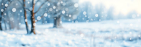 Blurred winter landscape with snow covered trees and bokeh effectの写真素材