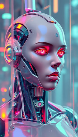 3D rendering of a female robot in a futuristic setting with neon lightsの写真素材