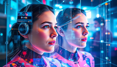 Two female robots in front of a futuristic interface. 3D renderingの写真素材