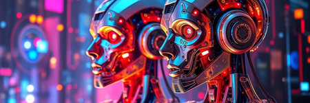 3d rendering of robot with cybernetic head in colorful lights background