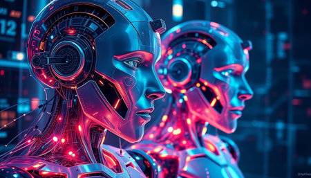 3d rendering humanoid robot in futuristic cyberspace with red light