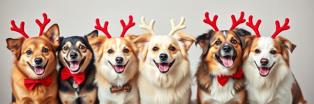Group of dogs with reindeer antlers. Christmas concept.