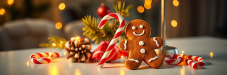 Christmas gingerbread man with candy cane and Christmas tree on light background