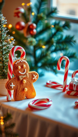 Christmas gingerbread man, candy canes and Christmas tree on background
