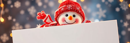 Christmas snowman with blank card on bokeh background, banner