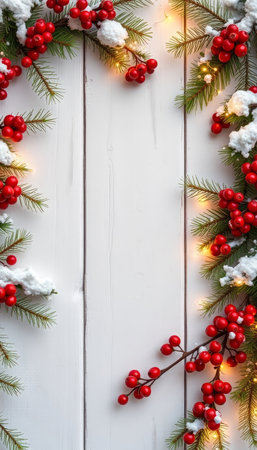 Christmas greeting card. Festive decoration on wooden background. New Year concept. Copy space.  Flat lay. Top view.の写真素材