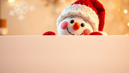 Snowman with blank card on bokeh background. Christmas conceptの写真素材