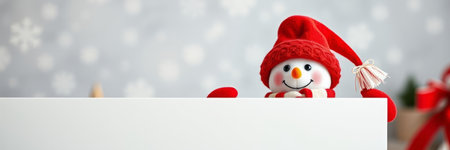 Snowman with blank banner on bokeh background, panoramic bannerの写真素材
