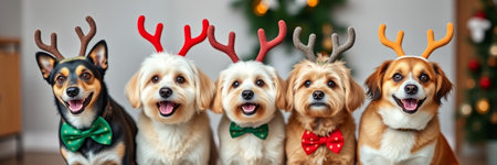 Cute dogs with antlers and bows in front of Christmas treeの写真素材