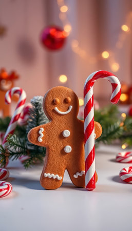 Christmas gingerbread man with candy canes and fir branches on light backgroundの写真素材