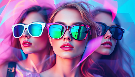 Three beautiful young women in stylish sunglasses. Beauty, fashion. Optics style.の写真素材