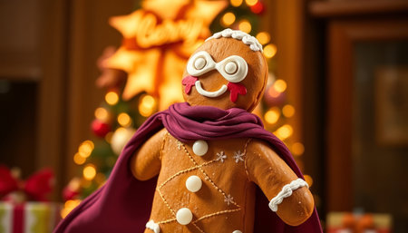 Gingerbread man with scarf and christmas tree in the background