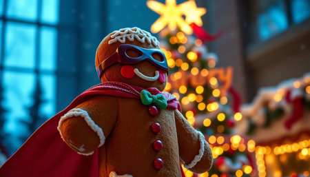Gingerbread man with red scarf and ski goggles in front of Christmas tree
