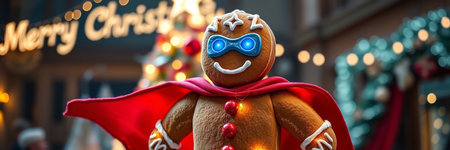 Christmas gingerbread man in a red cape on the background of the Christmas treeの写真素材