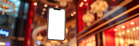 Mockup image of a smartphone with a blank white screen on a blurred background of a shopping mall
