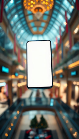 Mockup image of a smartphone with blank white screen on blurred background of shopping mallの写真素材