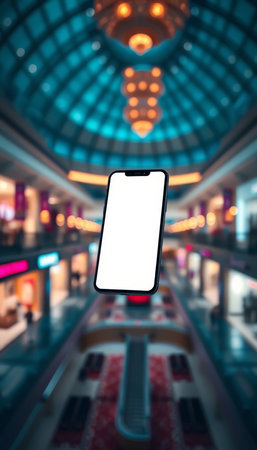 Smartphone with blank screen on blurred shopping mall background. Mock up