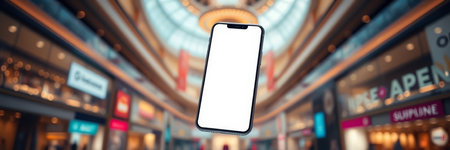 Smartphone with white screen on the background of shopping mall. 3d renderingの写真素材