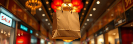 Shopping bag in the shopping mall. 3d illustration. Blurred background.の写真素材