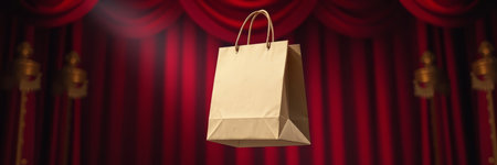 Paper shopping bag on a red curtain background. Horizontal banner.の写真素材