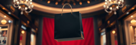 Black paper shopping bag on the background of red curtains. Shopping concept. 3d renderingの写真素材