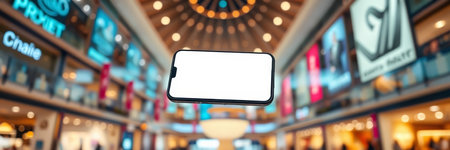 Blank screen mobile phone in shopping mall. 3d rendering.