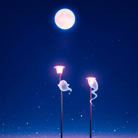 Lampposts and the full moon in the night skyの素材