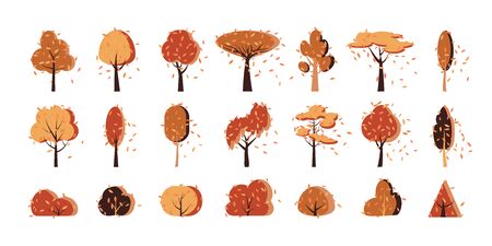 Autumn fall tree bush flat icon forest vector setのイラスト素材