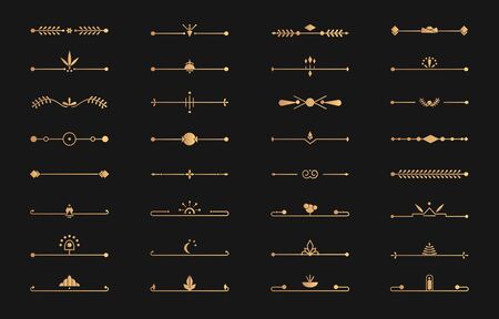 Divider golden line border set on black. Graphic gold metallic decorative element for design book page, text wedding invitation, card, menu retro, art deco, elegant decor. Isolated vector illustrationのイラスト素材