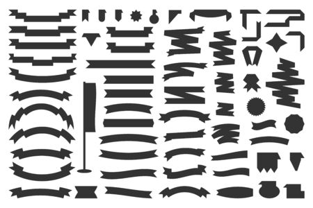 Black ribbon set. Decorative silhouette banner. Collection empty different shape simple ribbons template. Glyph retro flag, tape for text, price tag, sale label. Isolated on white vector illustrationのイラスト素材