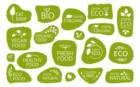 Set of eco green labels,  icon with leaves. Emblem symbol for organic natural product. Concept vegan fresh, healthy food. Template sticker for badges, tags, packaging. Isolated vector illustrationのイラスト素材