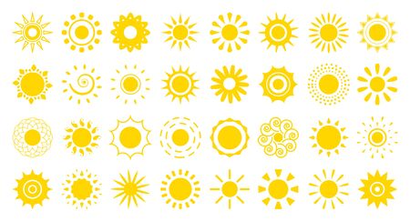 Sun flat cartoon icon set. Abstract different shape summer symbol. Simple banner template decorative element for logo. Sign happy morning, weather, spring season. Isolated on white vector illustrationのイラスト素材