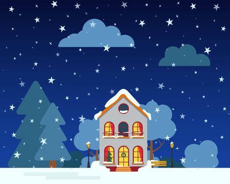 Winter night street with house, snow trees, bush, clouds, lantern flat cartoon congratulation card. Merry Christmas and Happy New Year holiday banner. Suburban landscape Decorative vector illustrationの写真素材
