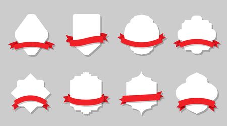 Retro vintage white label and red ribbon set. Banner template superior quality and satisfaction guarantee. Different shape empty border for menu, promotion, sale price tag Isolated vector illustrationのイラスト素材